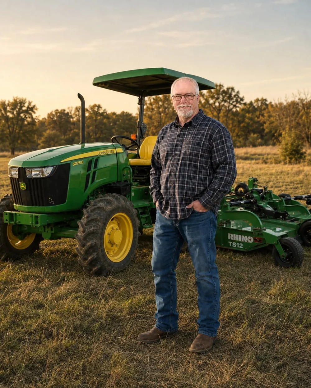 The owner-operator of Logan Land & Ranch Services beside a green tractor and batwing brush hog in a field at sunset.