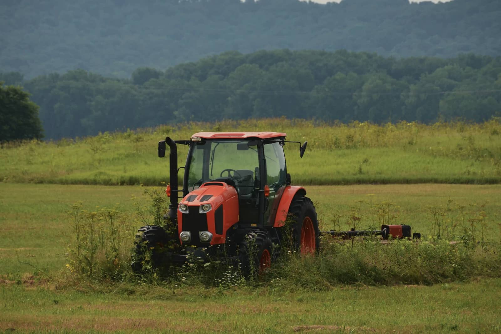 Orange tractor pulling a rotary cutter through tall weeds in a pasture, with wooded hills behind.