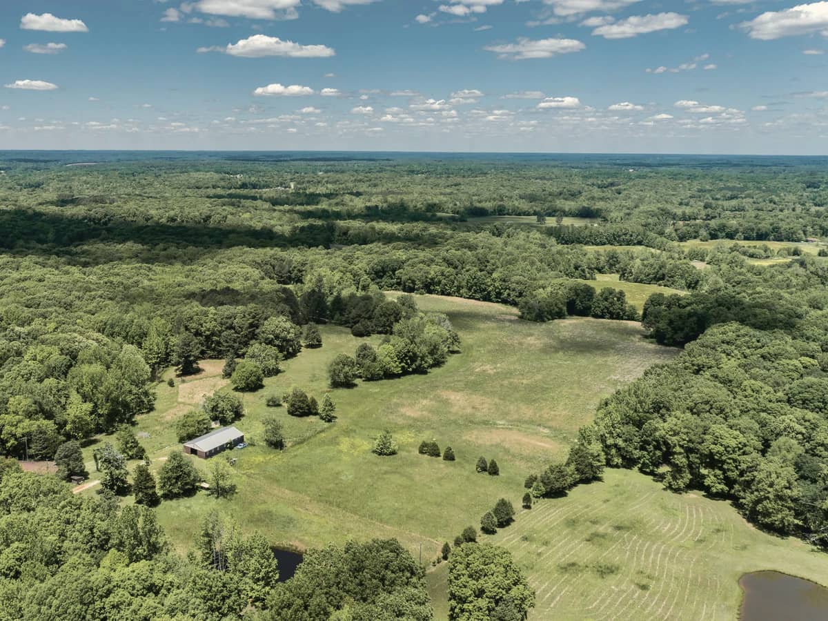 Aerial view of open pasture with scattered clusters of trees, a metal barn and two ponds, surrounded by woodland.