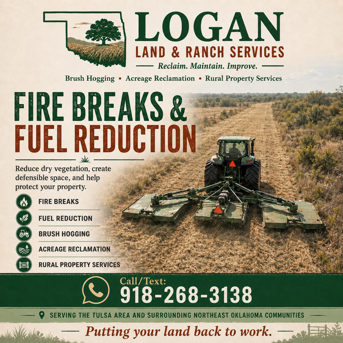 Logan Land & Ranch Services wildfire firebreaks and fuel reduction services, wildfire safety service, brush hogging for wildfire safety